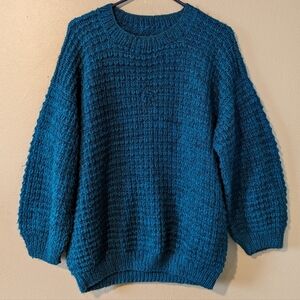 Handknit Puff Sleeve Turquoise Blue Oversized Crochet Knit Sweater Size L